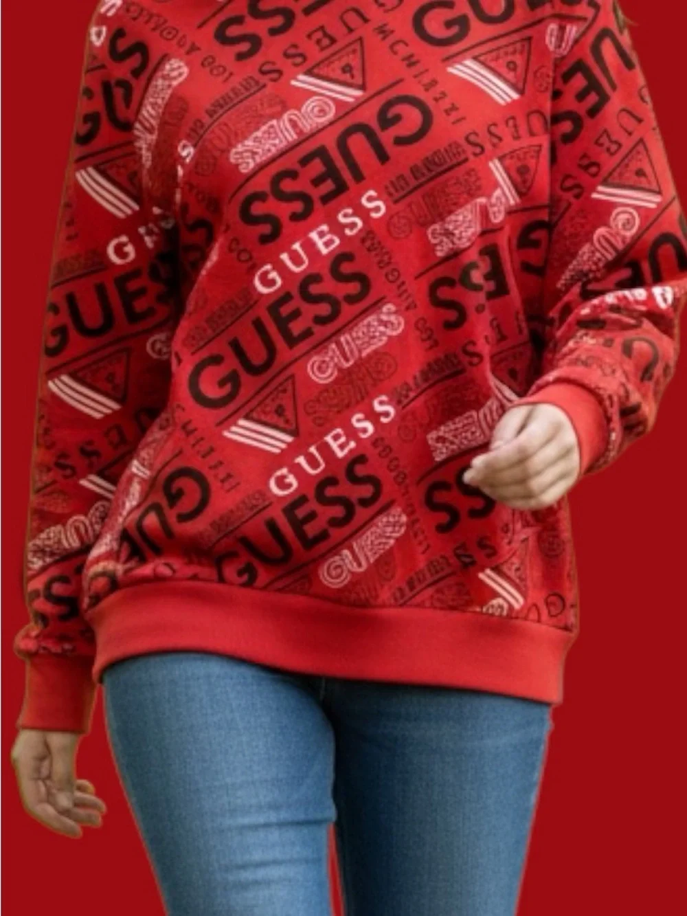 Guess Red Allover Logo Pullover Sweatshirt